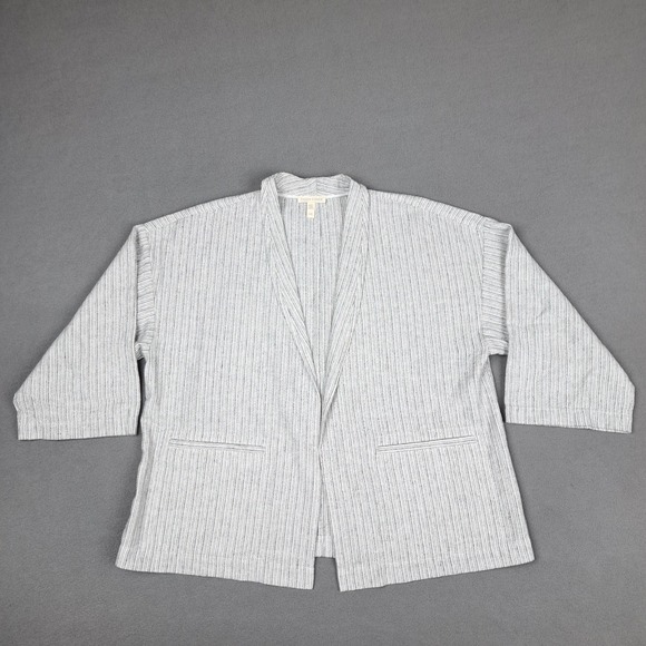 Eileen Fisher Sweaters - Eileen Fisher Cardigan Womens Large White‎ Black Linen Cotton Open Front Relaxed